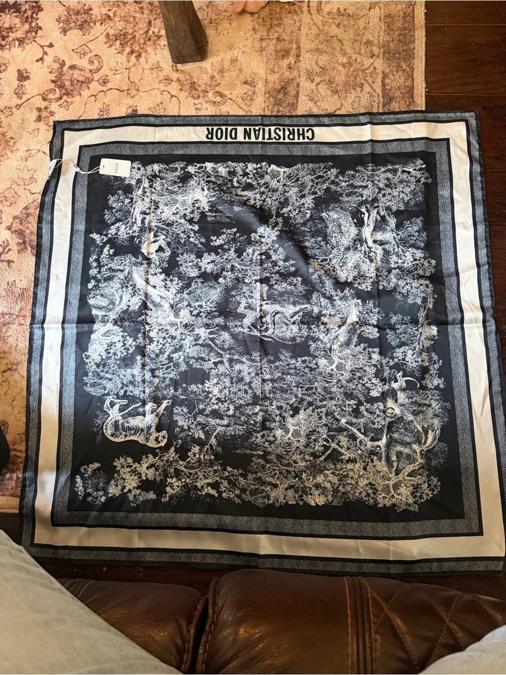 Dior Black and White Silk Scarf with Toile Motif